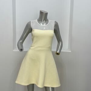 Sandro A-line Mini Dress Sheer Mesh Illusion Neckline Yellow White Size FR 3